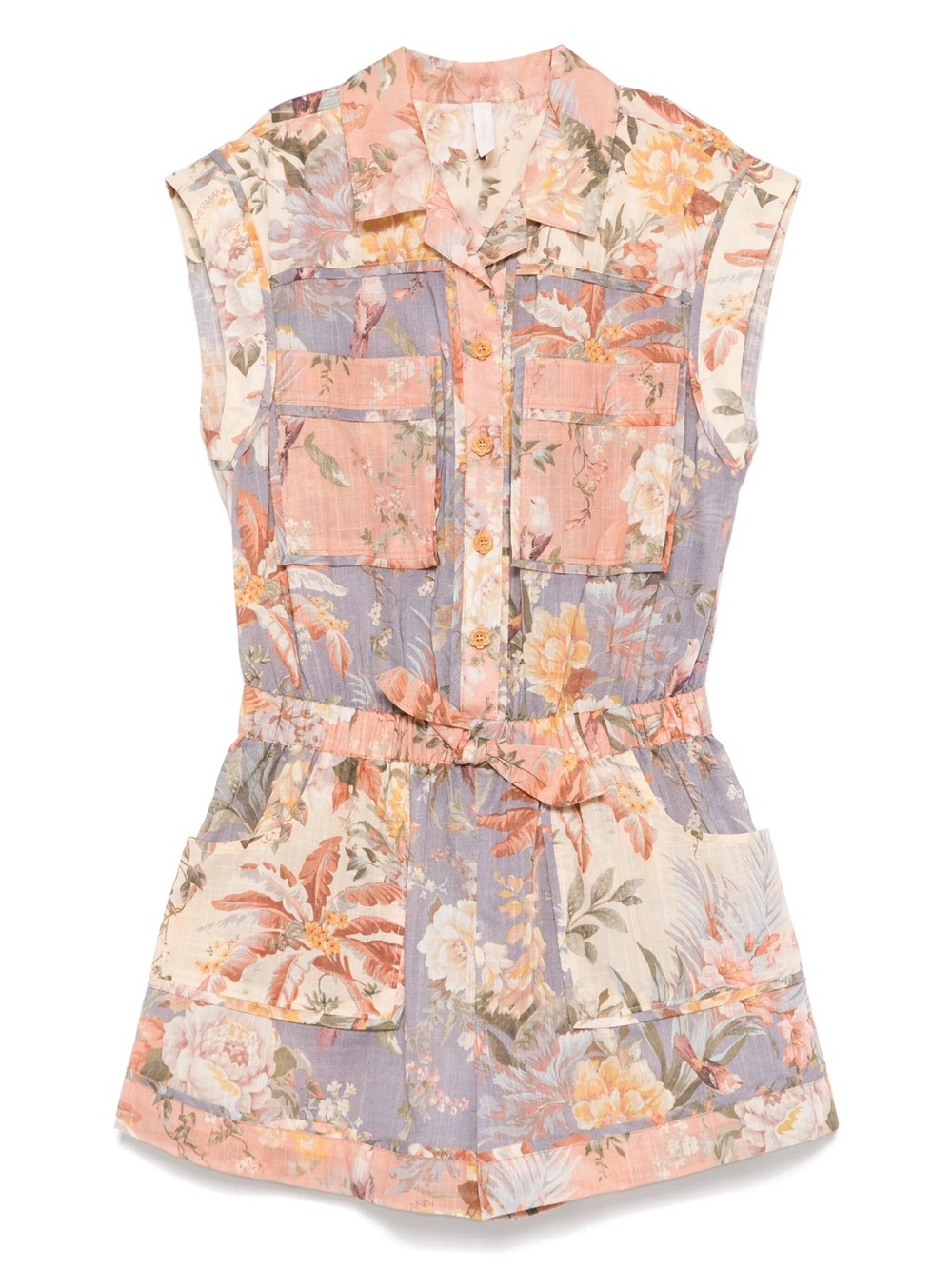 Zimmermann Floral Patchwork Sleeveless Romper in Blue and Peach